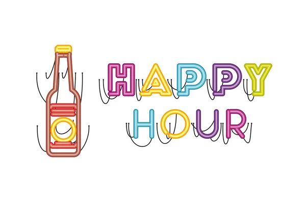 Happy hour etykieta w ikonę neon light — Wektor stockowy