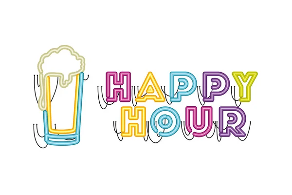 Happy hour etykieta w ikonę neon light — Wektor stockowy