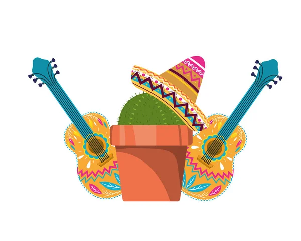 Cactus con maceta y icono de sombrero mexicano — Archivo Imágenes Vectoriales
