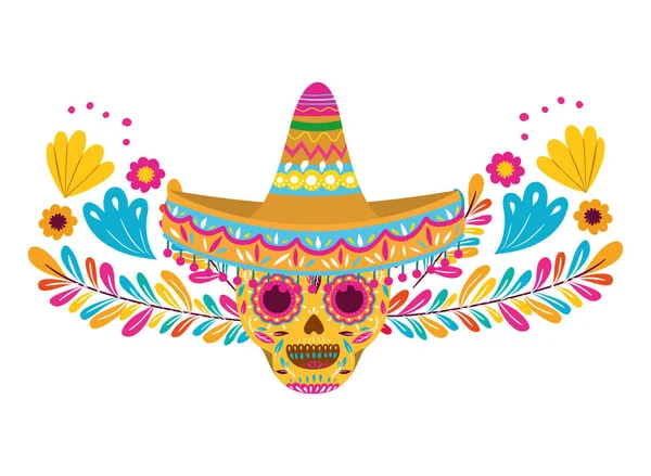 Crâne mexicain avec chapeau icône isolée — Image vectorielle