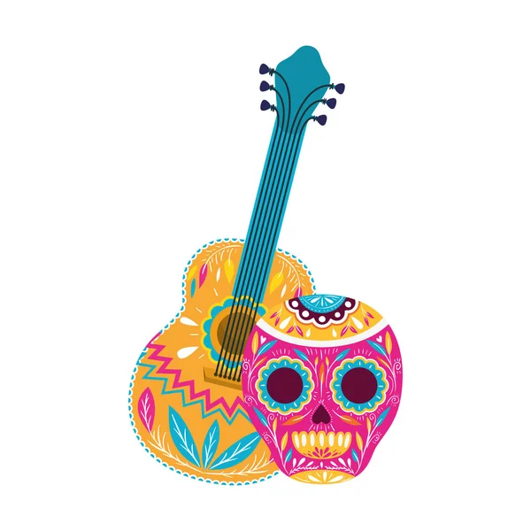 Calavera mexicana con icono de guitarra — Vector de stock