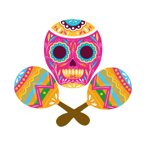 Cráneo mexicano con icono aislado de maraca — Vector de stock