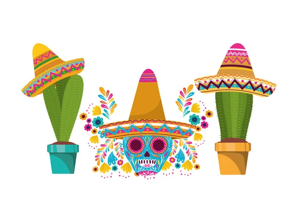 Kaktus und Totenkopf mit mexikanischem Hut — Stockvektor