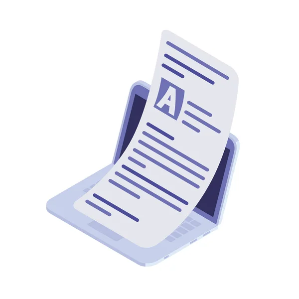 Ordinateur portable avec des feuilles de papier sur fond blanc — Image vectorielle