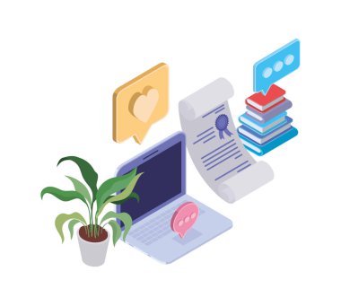 beyaz arka planda dizüstü bilgisayar ile simgeler kümesi