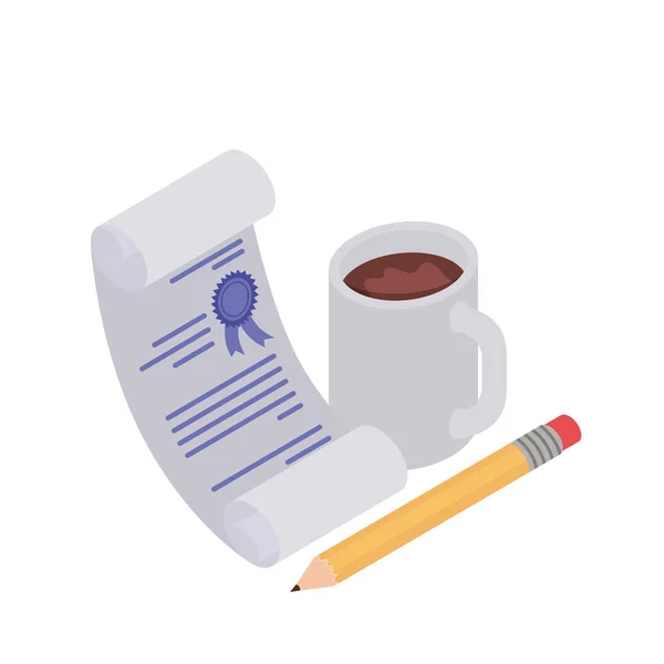 Чашка кофе с карандашом и лист бумаги на белом фоне — стоковый вектор