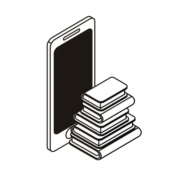 Pantalla del teléfono inteligente con libros de pila fondo blanco — Vector de stock