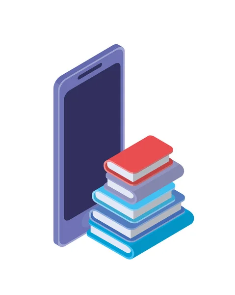 Tela do smartphone com livros de pilha fundo branco — Vetor de Stock