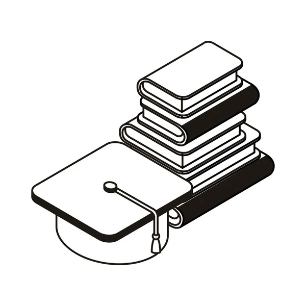 Pila de libros con sombrero de graduación sobre fondo blanco — Vector de stock