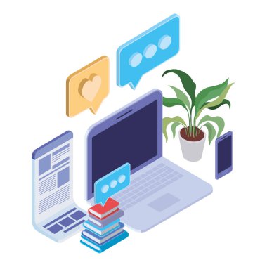 beyaz arka planda dizüstü bilgisayar ile simgeler kümesi