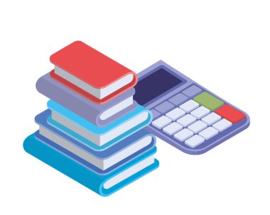 beyaz arka planda kitap yığını ile hesap makinesi