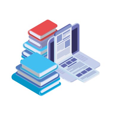 beyaz arka plan üzerinde kitap yığını ile dizüstü bilgisayar