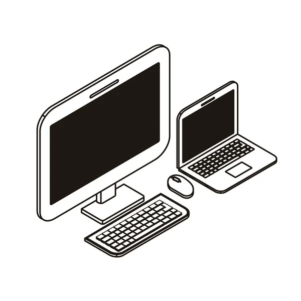 台式计算机屏幕与笔记本电脑在白色背景 — 图库矢量图片