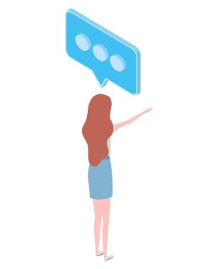 beyaz arka plan üzerinde konuşma balonu ile arka konumda kadın