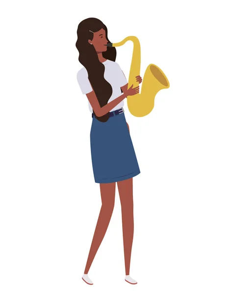 Mujer joven con saxofón sobre fondo blanco — Vector de stock