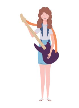 beyaz arka plan üzerinde elektrik gitar ile genç kadın