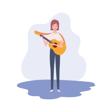 beyaz arka plan üzerinde akustik gitar ile kadın