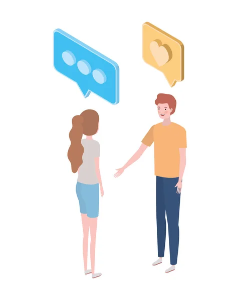 Couple de personnes debout avec bulle de parole sur fond blanc — Image vectorielle