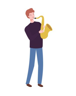 beyaz arka plan üzerinde saksafon ile genç adam