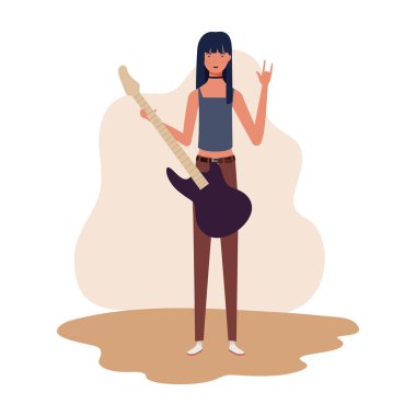 beyaz arka plan üzerinde elektrik gitar ile genç kadın