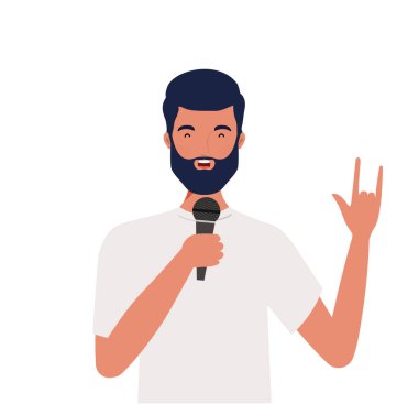 Beyaz arka plan üzerinde mikrofon ile genç adam