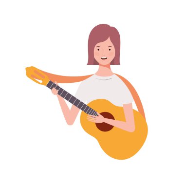 beyaz arka plan üzerinde akustik gitar ile kadın