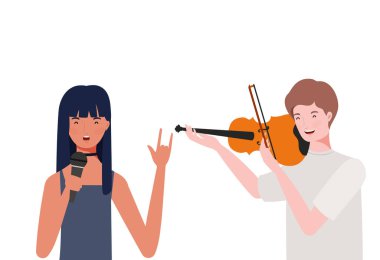 beyaz arka plan üzerinde müzik aletleri ile insanların çift