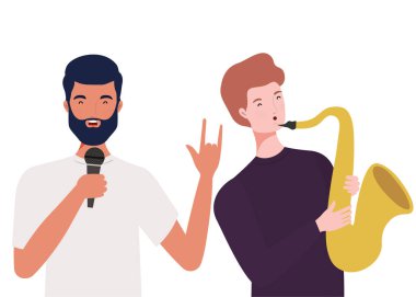 beyaz arka plan üzerinde müzik aletleri ile erkekler