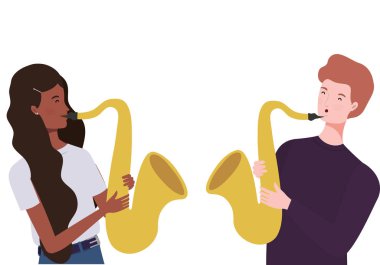 beyaz arka plan üzerinde müzik aletleri ile insanların çift