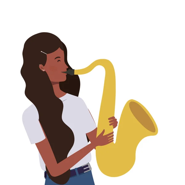 Young woman with saxophone on white background — Stock Vector
