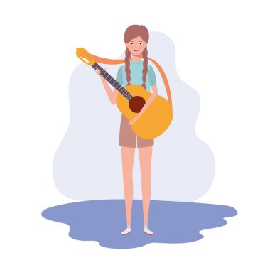 beyaz arka plan üzerinde akustik gitar ile kadın