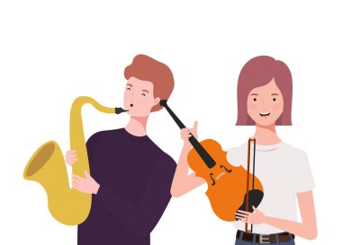 beyaz arka plan üzerinde müzik aletleri ile insanların çift