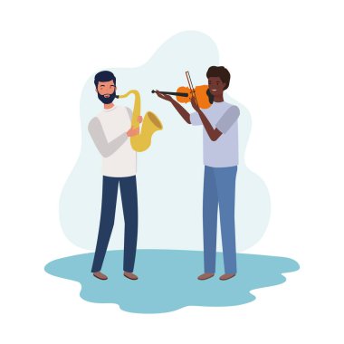 beyaz arka plan üzerinde müzik aletleri ile erkekler