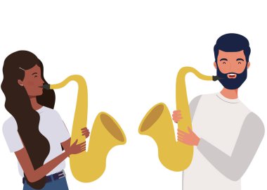 beyaz arka plan üzerinde müzik aletleri ile insanların çift