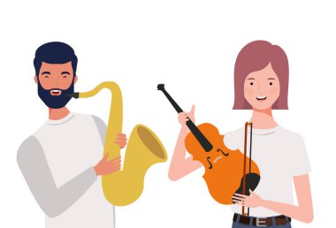 beyaz arka plan üzerinde müzik aletleri ile insanların çift