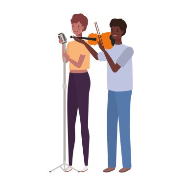 beyaz arka plan üzerinde müzik aletleri ile insanların çift