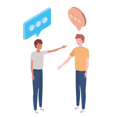 beyaz arka plan üzerinde konuşma balonu ile ayakta erkekler