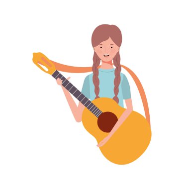 beyaz arka plan üzerinde akustik gitar ile kadın