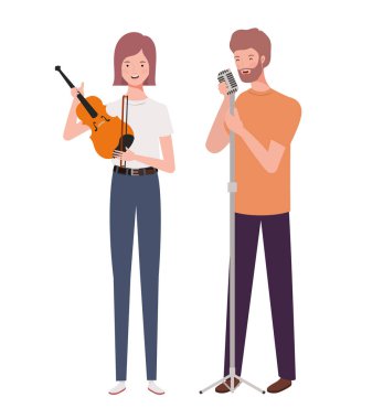 beyaz arka plan üzerinde müzik aletleri ile insanların çift