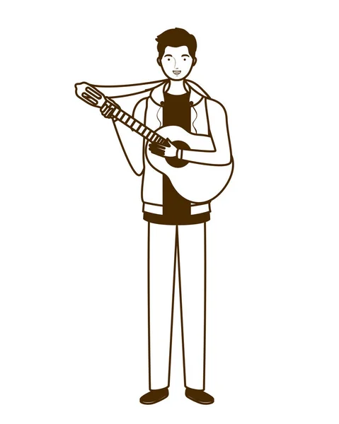 Silhueta de homem com guitarra acústica sobre fundo branco — Vetor de Stock