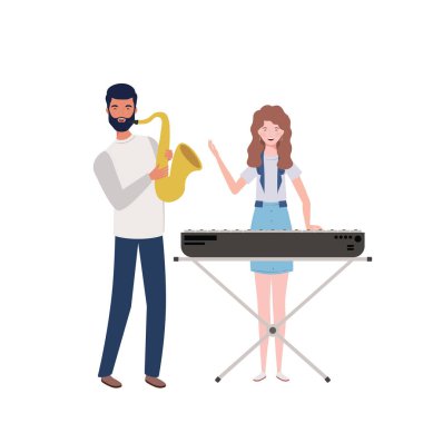 beyaz arka plan üzerinde müzik aletleri ile insanların çift