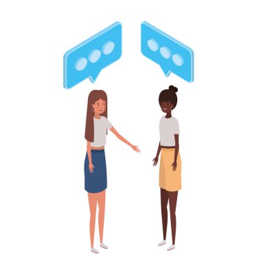 beyaz arka plan üzerinde konuşma balonu ile ayakta kadınlar