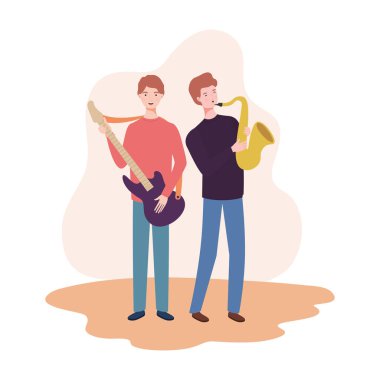 beyaz arka plan üzerinde müzik aletleri ile erkekler