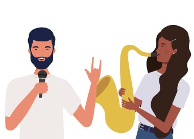 beyaz arka plan üzerinde müzik aletleri ile insanların çift
