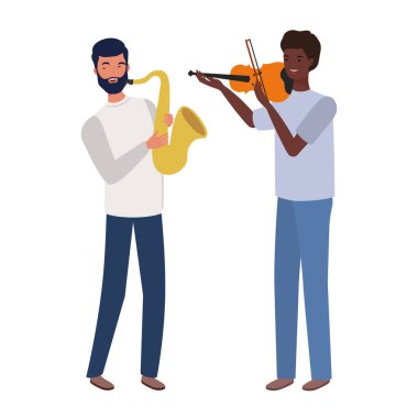 beyaz arka plan üzerinde müzik aletleri ile erkekler