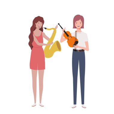 beyaz arka plan üzerinde müzik aletleri ile kadınlar