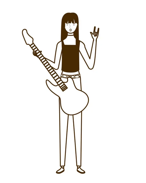 Silhouette de femme avec guitare électrique sur fond blanc — Image vectorielle