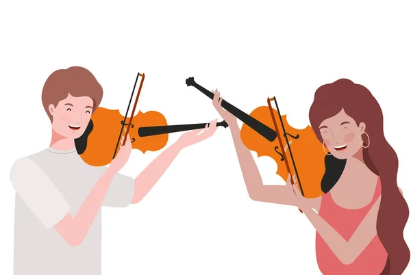 Paar Menschen mit Musikinstrumenten auf weißem Hintergrund — Stockvektor