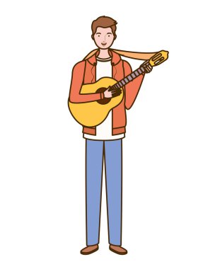 beyaz arka plan üzerinde akustik gitar ile adam
