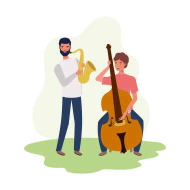 beyaz arka plan üzerinde müzik aletleri ile erkekler